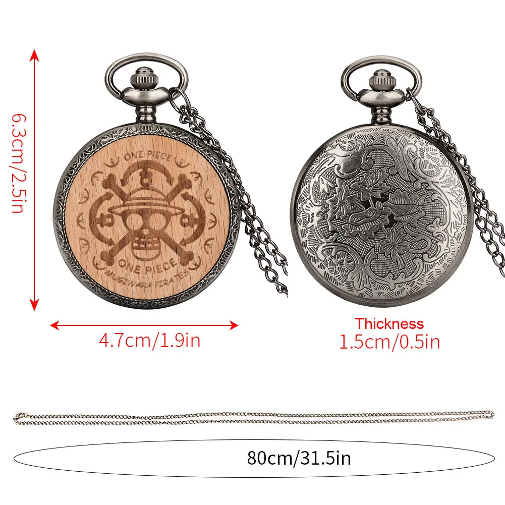 Pocket Watch with Chain Wood Cover Anime Skull Carving Analog Quartz Pocket Necklace Clock Pendant Creative Gifts for Men
