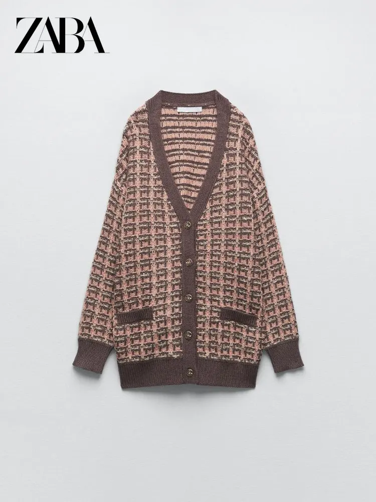 

ZABA ZA Women's Autumn Winter New Loose V-neck Long-sleeved Texture Warm Cardigan Sweater Button Decoration Crisp Knitted Jacket