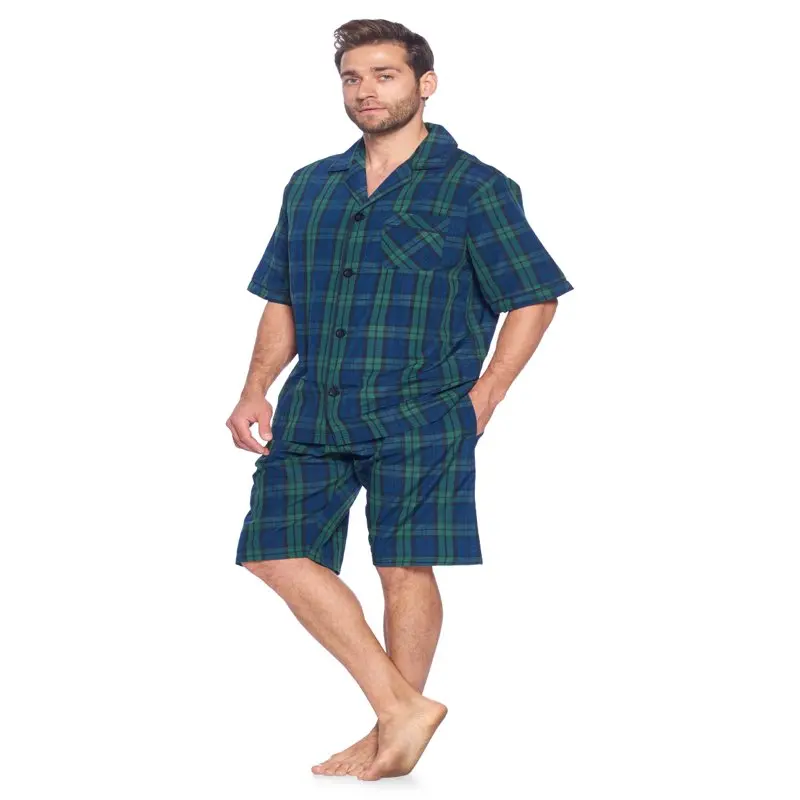 Ashford &  Mens Woven Short Sleeve Pajama Shorts Set  Green Blackwatch  XL