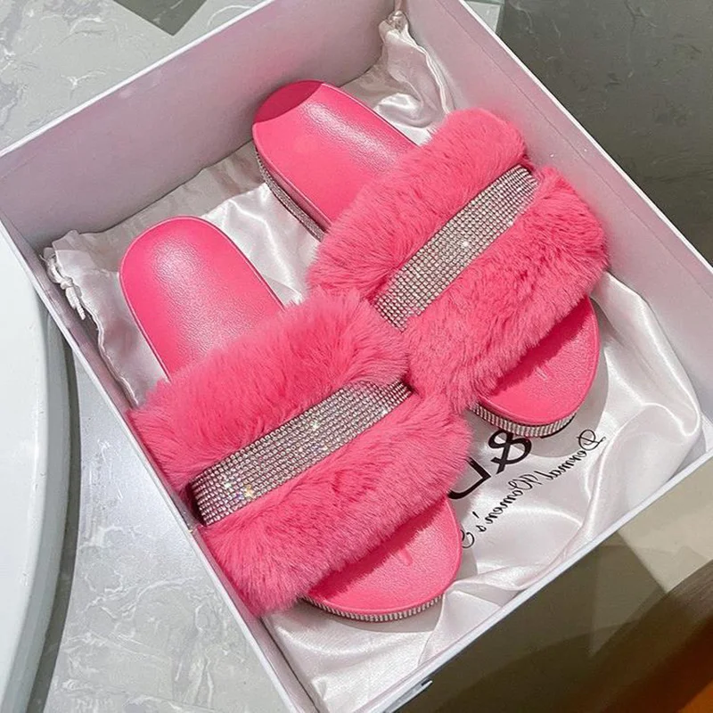 

Fluffy Slippers Plush Platform Sandals Big Red Rhinestone Slippers Fashion Crystal Female Flats Slippers 2022 Flip Flops Shoes