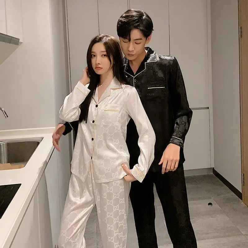 Couples' pajamas Women's spring and autumn style ice silk long-sleeved high beauty plus fat size silk homewear suit