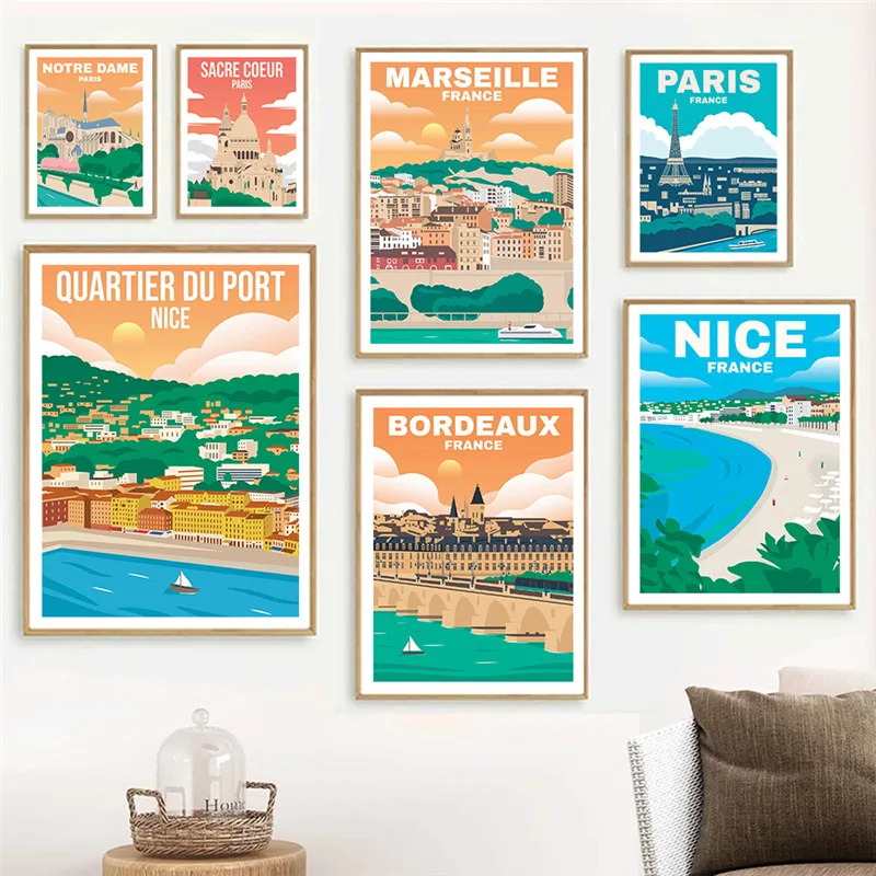 Французский Париж Марсель Лион винтажный постер для Путешествий Холст Живопись настенное искусство для гостиной Декор для дома картина