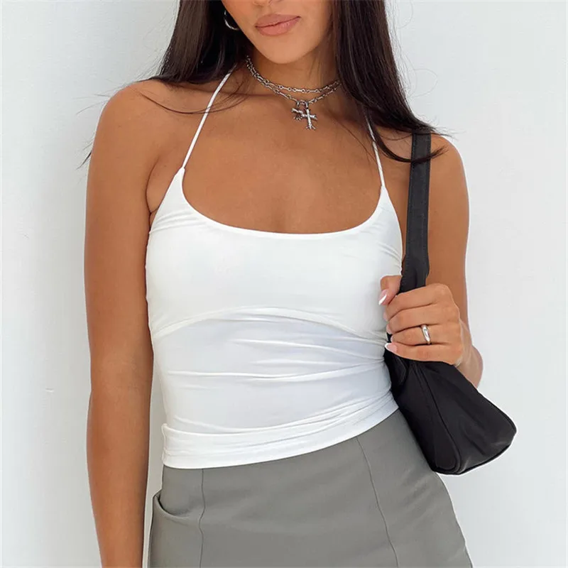 

Women's Summer Fitted Cami Tops White Sleeveless Halter Neck Vest Going Out Tops