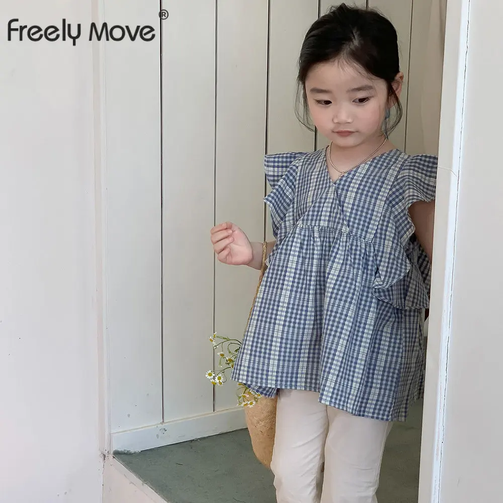 

Girls Summer Clothes Ses Kids Sleeveless Ruffles Plaid Shirt + Solid Flare Pants 2pcs Set Children Outfits Clothing