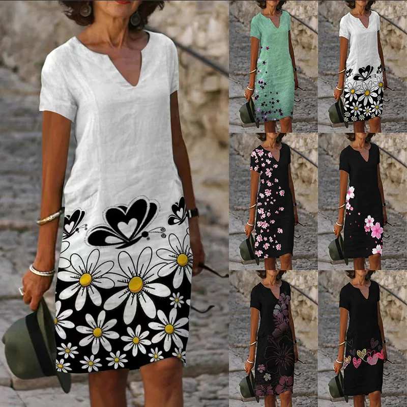 Summer Women's Floral Print Short Sleeve V-Neck Mid length Dress Fashion Casual Female Lady Dresses