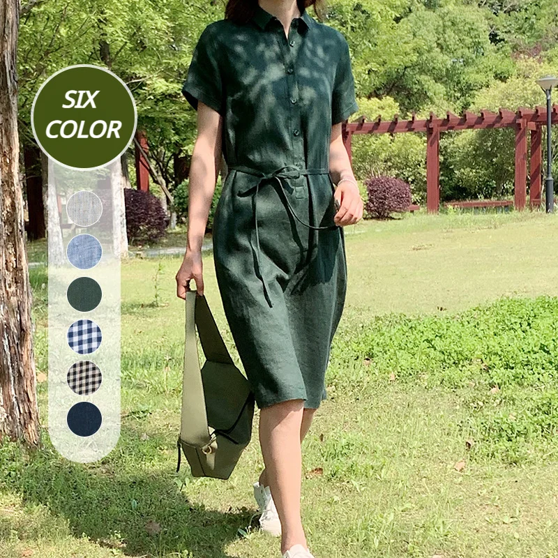 

Women's Dress Summer Yarn Woven Plaid Linen Lapel Lace Up Slim Midlength