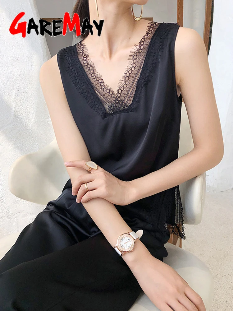 Женские летние блузки без рукавов кружевные Базовые черные красивые элегантные