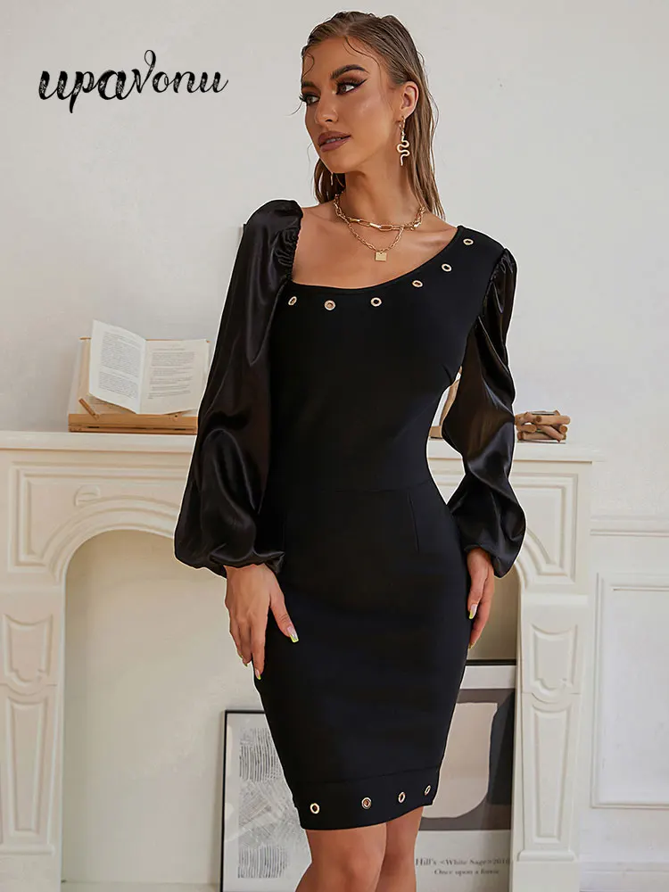 

Chic Women's Summer Dresses 2022 New Diagonal Neck Balloon Sleeves Bodycon Bandage Dresses Celebrity Club Evening Party Vestidos