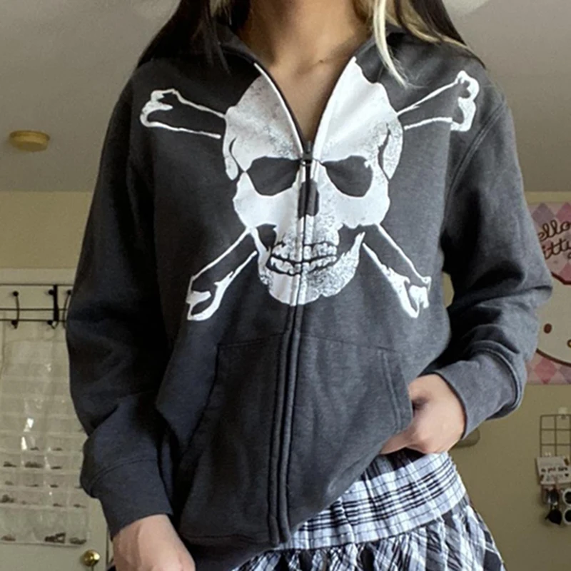 

Gothic Skull Graphic Print Sweatshirts E-girl Dark Academia Vintage Zip Up Hoodies 2000s Retro Y2K Harajuku Grunge Streetwear