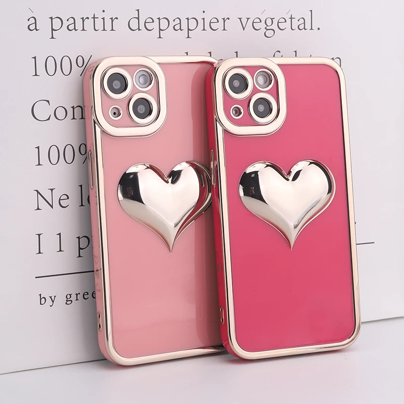 

Rose Pink Glossy 3D Love Heart Phone Case For iPhone 11 12 13 Pro Max Shockproof Soft Electroplated Cute Bumper Back Cover