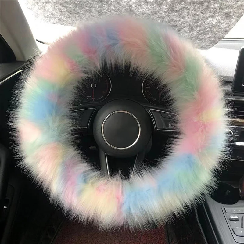 3PCS Fur Steering Wheel Cover Set Real Sheepskin Auto Plush Warm Fluffy Fuzzy Car Accessories for Women Girl