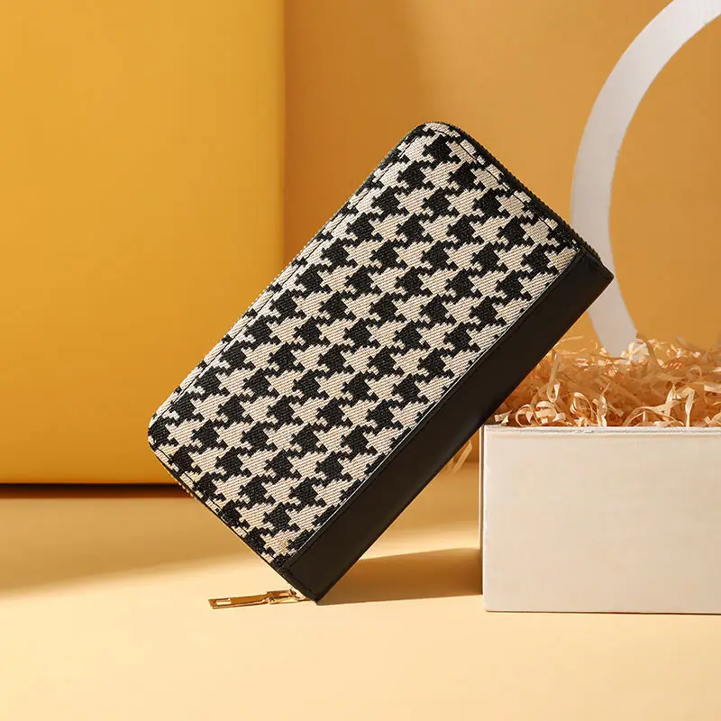 

Houndstooth Ladies Retro Long Wallet Women's Zipper Mobile Phone Bag Card Purse Large Capacity Clutch Purse Handbag Wallets New