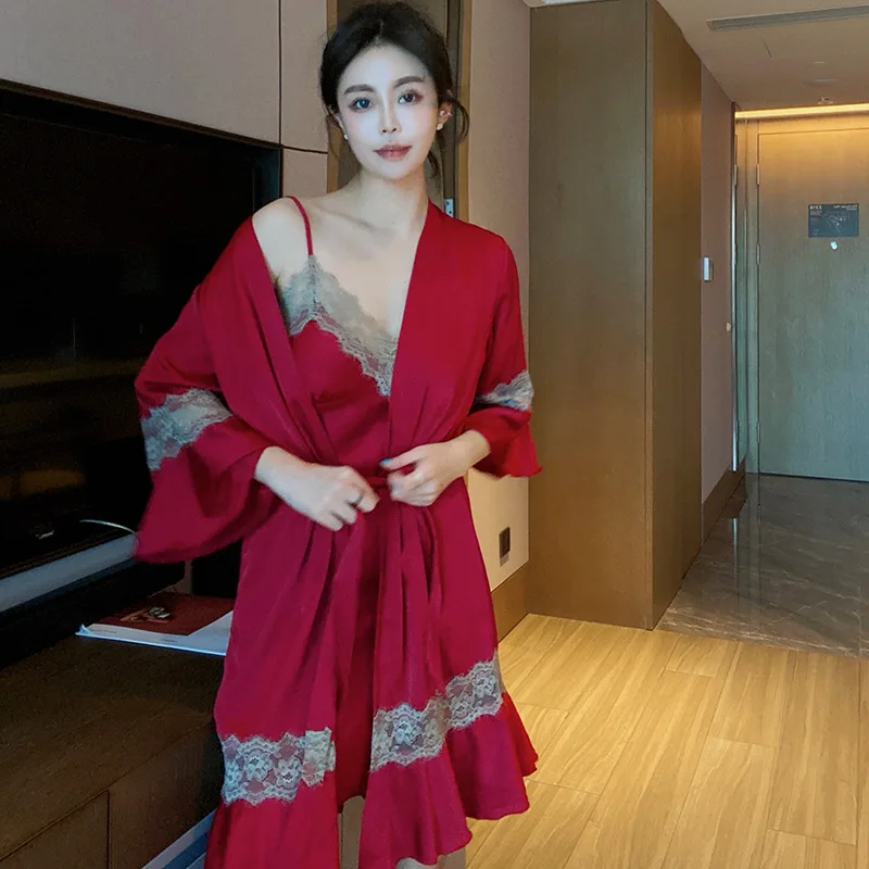 New suspender nightdress two-piece ice silk homewear wholesale sexy pajamas lingerie set with robe