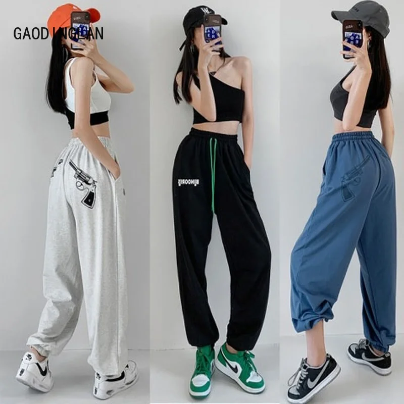 

Summer Women Loose High Waist Pants Thin Bundle Leg Handsome High Street Jazz Hip Hop Trousers Tide Pistol Print Sweat Pants