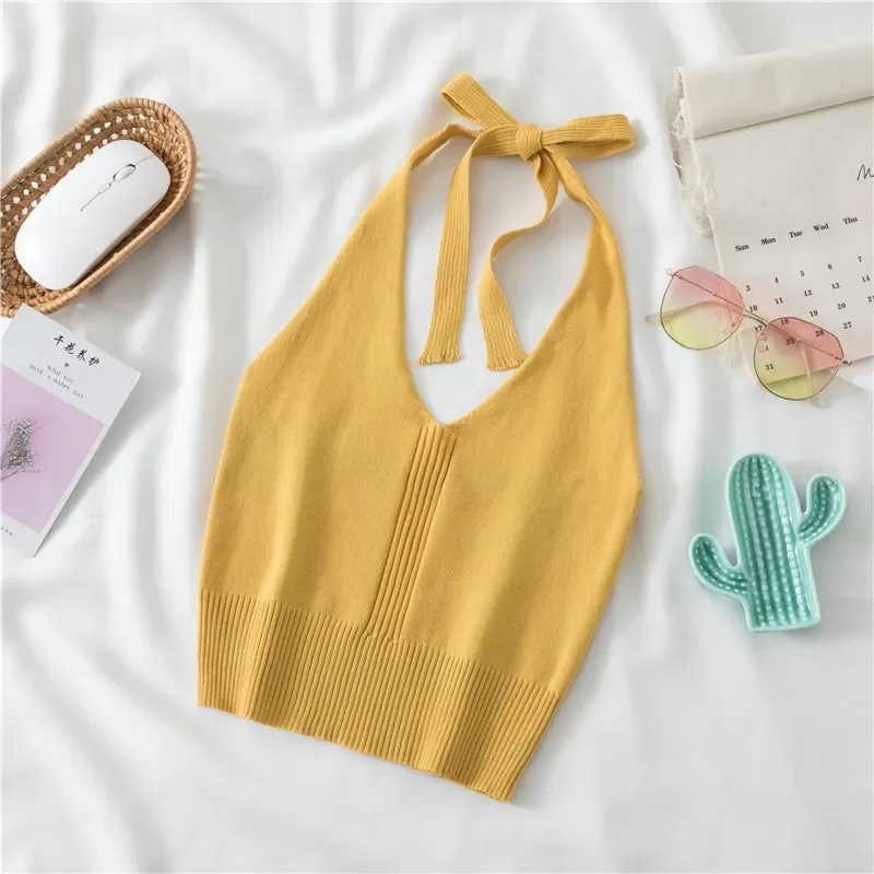 Женский Вязаный Короткий Топ Zhuanqing С V-образным Вырезом И Открытой Спиной