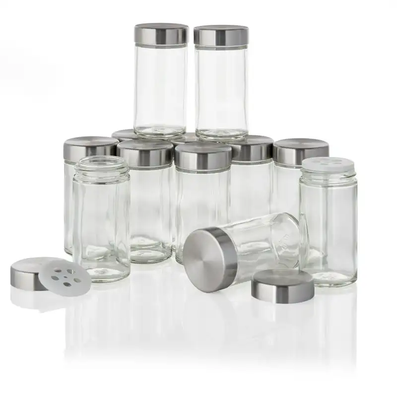 

of 12 3-ounce Empty Glass/Stainless Steel Lid Jars Squeeze bottle Kitchen organizer Container Food storage containers Glass jars