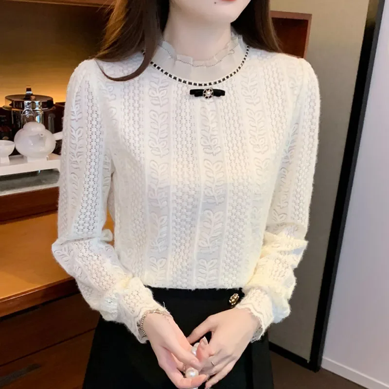 Новая женская блузка с длинным рукавом и рюшами кружевная бантом рубашка женские