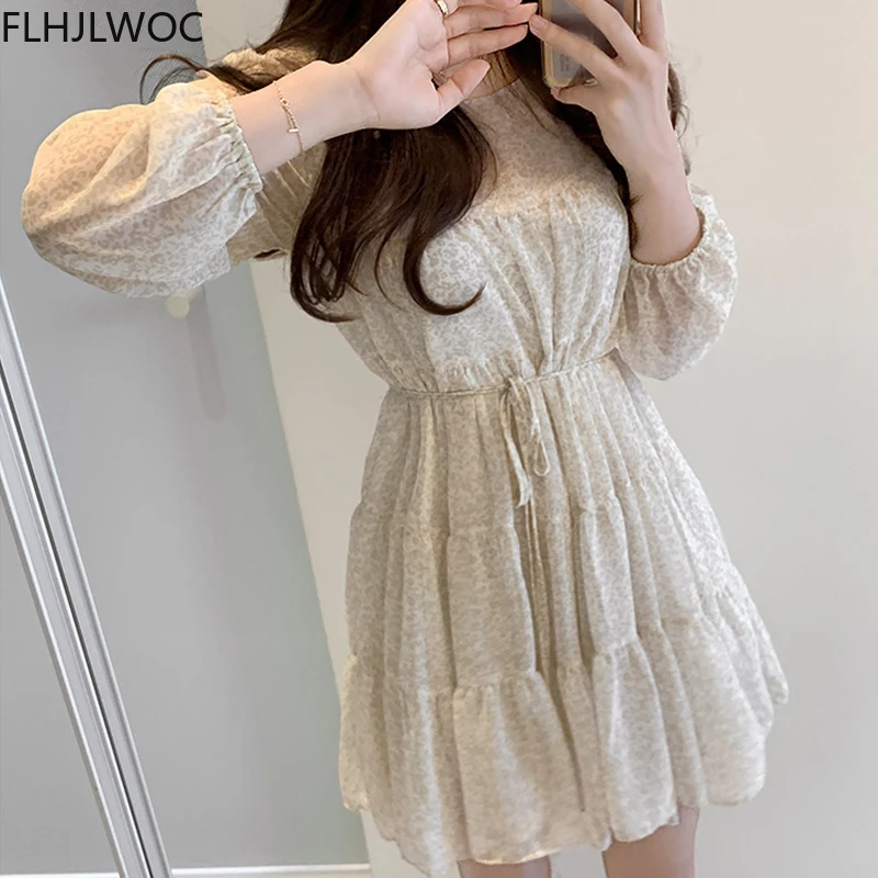 

2021 Spring Fenimine Vestidos Women Long Sleeve Elegant Office Lady Basic Wear Floral Print Prairie Chic Dress