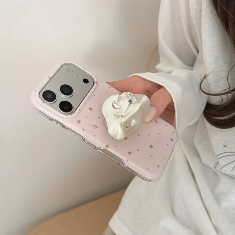 Милый розовый чехол для телефона со звездным принтом и 3D-держателем-облаком из страз для iPhone 17, 16, 15, 14, 13, Pro, Pro Max, устойчивый к царапинам (art.: 3920db59daaa3) - 3920db59daaa3