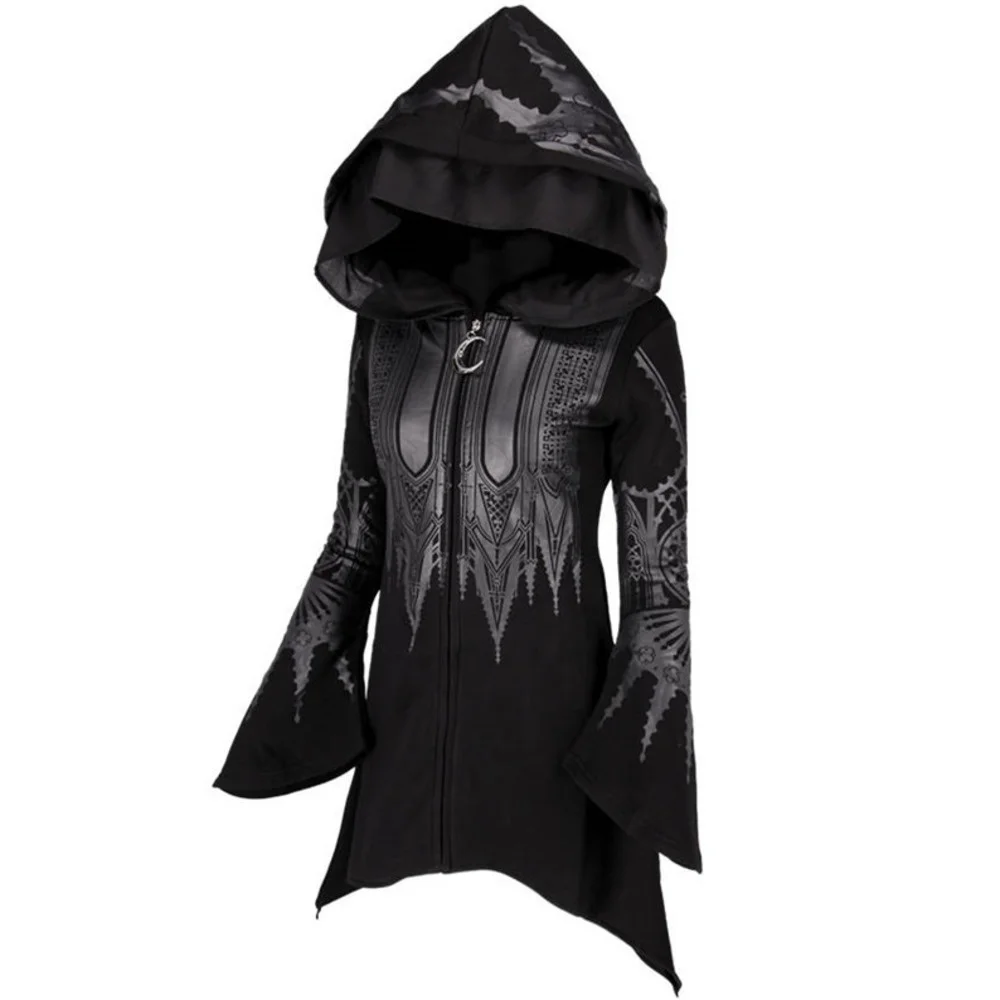

Gothic Coats for Women Dark Black Hoodie Vintage Autumn Winter 2022 Women's Punk Style Black Long Hooded Printed Hoodie Female