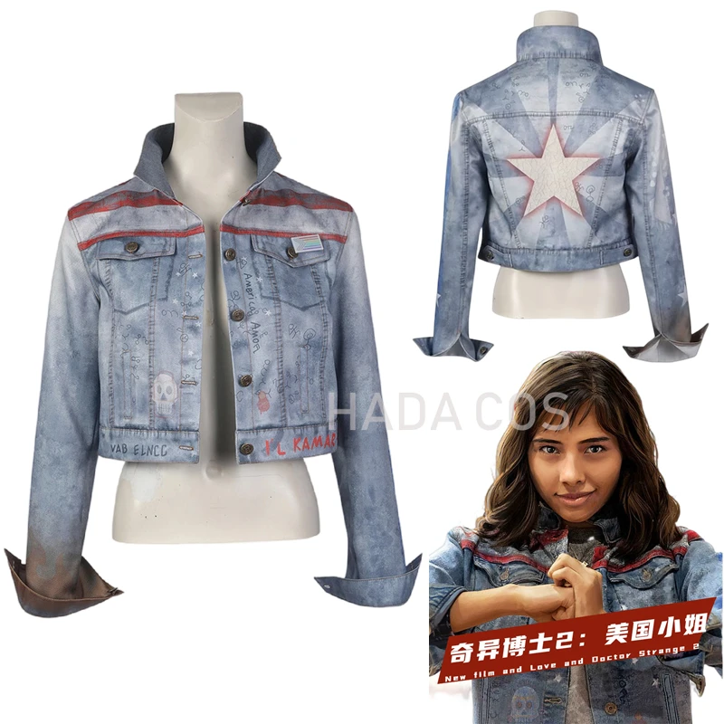 

Women Coat America Chavez Denim Cosplay Jacket In The Multiverse of Madness Miss America Cosplay Costume High Quality 2022