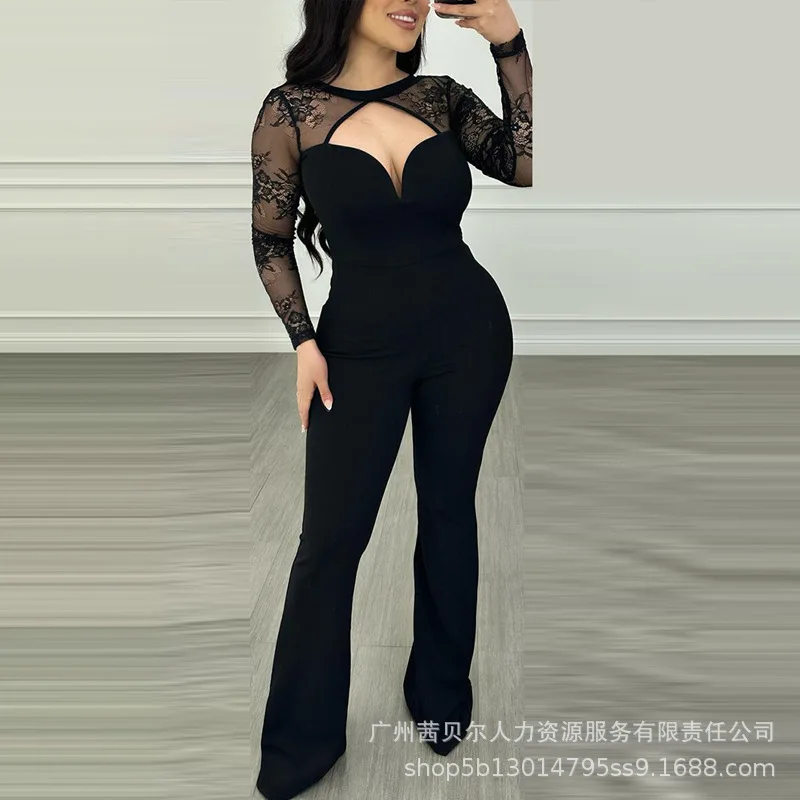 

Women Sexy Fashion Lace Patch Cutout Bootcut Jumpsuit Onepieces Female Casual Long Sleeve V Neck High Waist Corset Pants Outfits