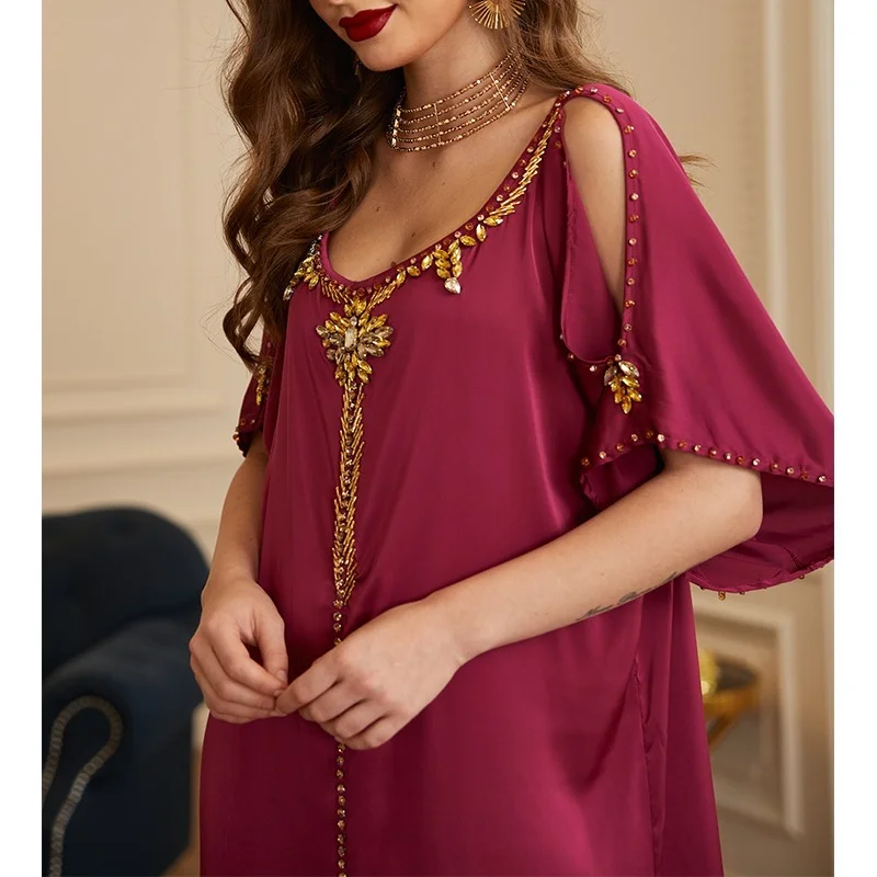 Satin Dress Dubai Abaya Jalabiya for Women Fashion Handsewn Rhiestones Crystal Off Shoulder Turkey Qtar Morocco Clothing