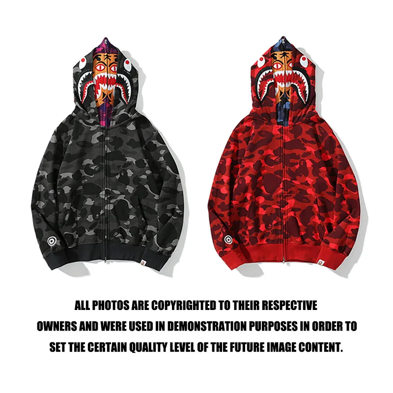

Cotton 2021 New Trendy Brand BAPE Shark Head Tiger Head Double Cap Camouflage Zipper Hooded Cardigan Sweater Harajuku Hoodie