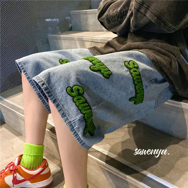 Summer Men's Denim Shorts Fashion Embroidered Five Point Pants Elastic Waist Baggy Black Jeans Streetwear Oversized Y2K Clothes