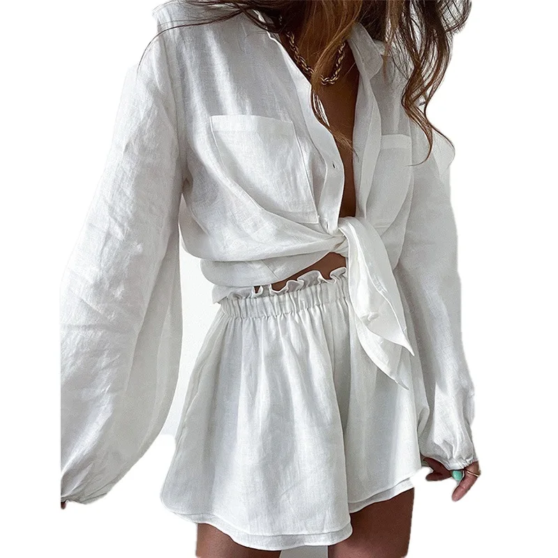 2023 Summer New Women's Casual Fashion Solid Color Lantern Sleeve Short Shirt Ruffle Shorts Long-sleeved Suit Two Peice Sets
