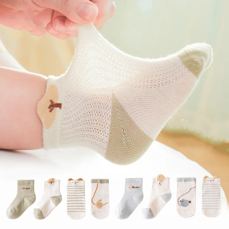 

4 Pairs/lot Baby Socks for Girls Boys Summer Autumn Cartoon Kids Socks Mid-tube Cotton Mesh Breathable Newborn Accessories