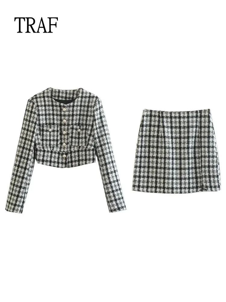 

Комплект из двух предметов TRAF, женский пиджак на пуговицах с жемчугом, винтажный пиджак с длинным рукавом и мини-юбка с высокой талией, 2022