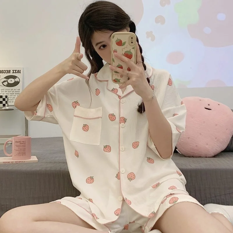 Новинка 2023 хлопковый кардиган с коротким рукавом в виде клубники пижама женская