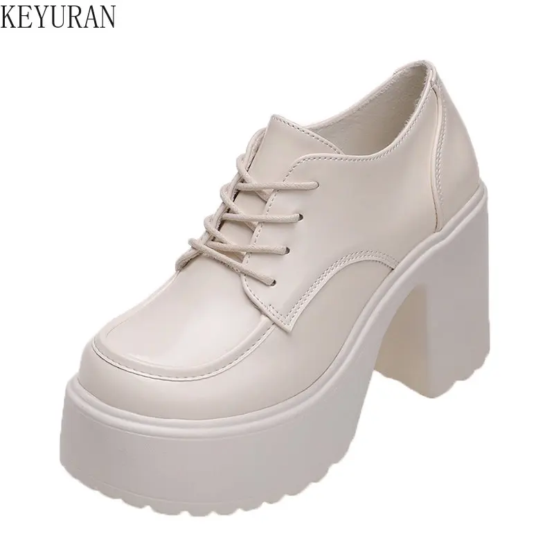 

Platform Heels Women Black Leather Square Heel Lace Up Oxford Women High Heels Party Dress Shoes Fashion Pumps Women Shoes Beige