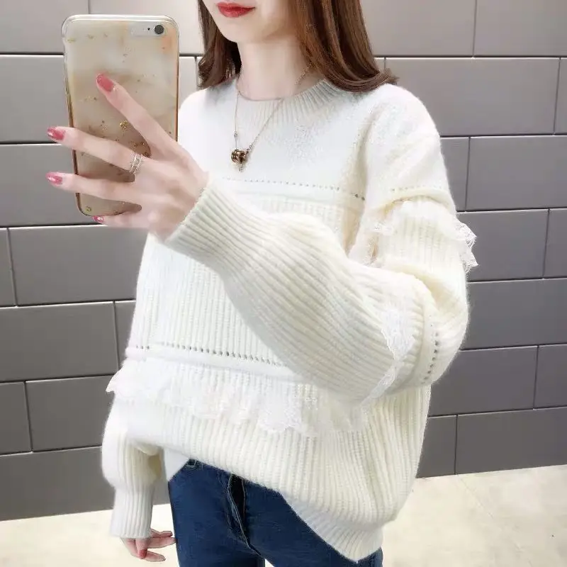 

O-collar Lace Pullover Sweaters Women Loose Autumn Knitting Long Sleeve Top Solid Color All-match Bottoming Shirt Winter 2023