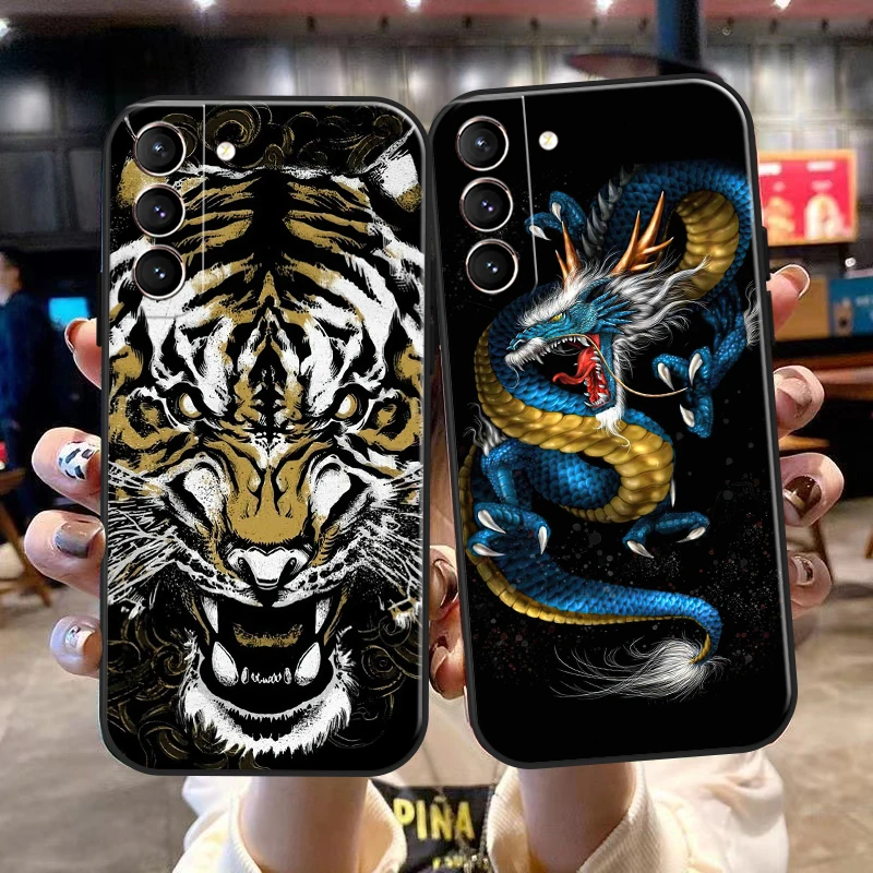 

Chinese Dragon Tiger For Samsung Galaxy S22 Ultra S21 S20 Plus FE Ultra Phone Case Soft Cover Black Carcasa Full Protection