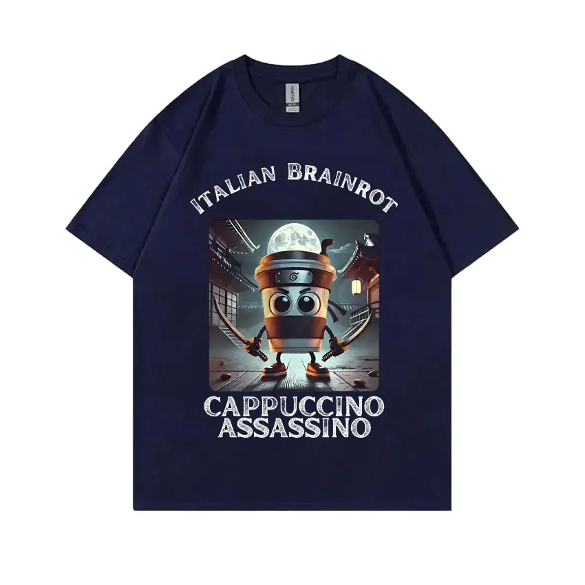 Фото Итальянская футболка Brainrot Cappuccino Assasino, забавная футболка с мемом для мужчин и женщин, повседневная футболка с шуткой и юмором, винтажные футболки унисекс большого размера №3