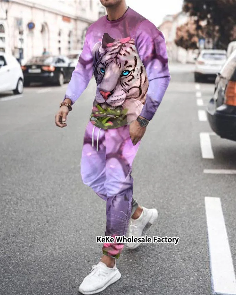 Summer Man Tracksuit Fashion Tiger Lion 3D Printed Long Sleeves Tshirts +Trousers 2piece Sets Male Jogging Outfits Streetwear