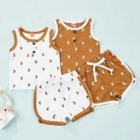 2pcs newborn moon print summer cotton outfits toddler button contrast color round neck tank tops shorts with drawstring