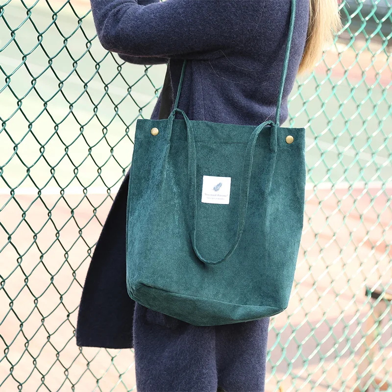 Women Corduroy Canvas Shoulder Bags Female Eco Cloth Handbag Tote Grocery Reusable Foldable Shopping Bag Cotton Lining Pouch
