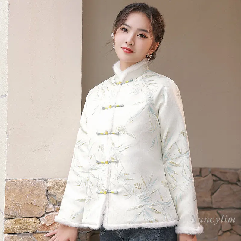 2023 Spring Winter New Chinese Style Parka Retro Chinese Style Embroidered Stand Collar Buckle Short Coat Satin Cotton Coats