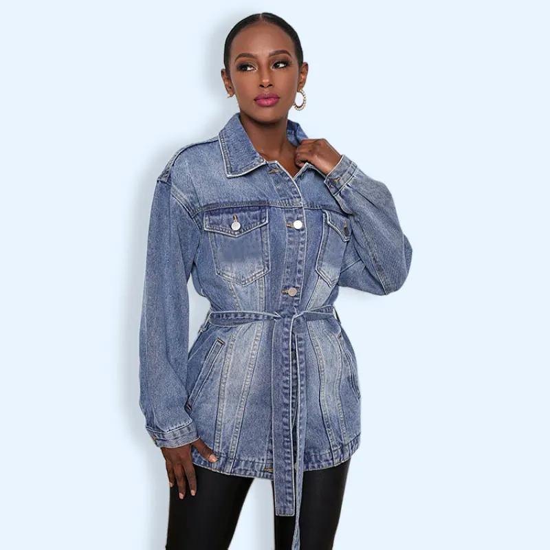 

Женская джинсовая куртка, длинная винтажная куртка из денима с длинным рукавом и поясом, облегающее пальто из денима, Осень-зима 2022