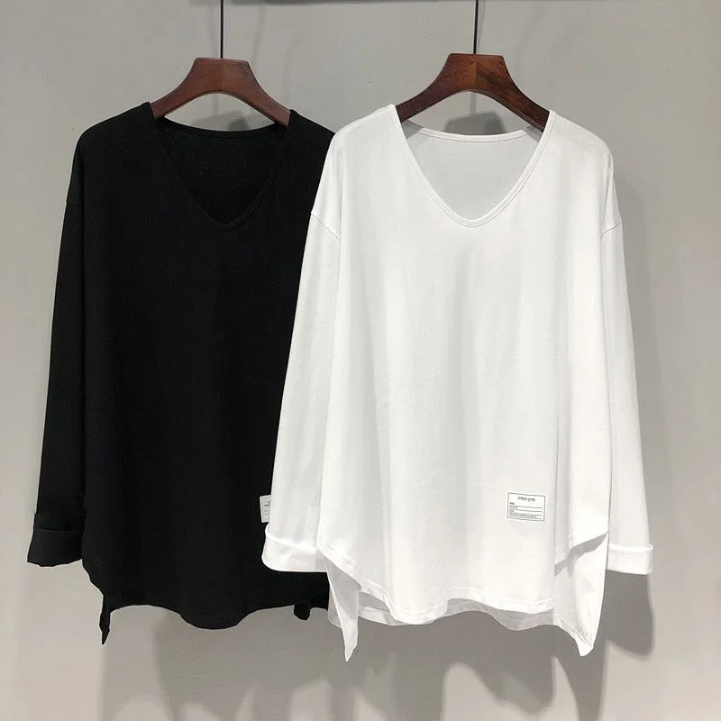 

Spring New Split T-shirt Women Long-sleeved Bottom Shirt V-neck Loose Oversize T-shirt Y2K Streetwear Lady Tops 2023