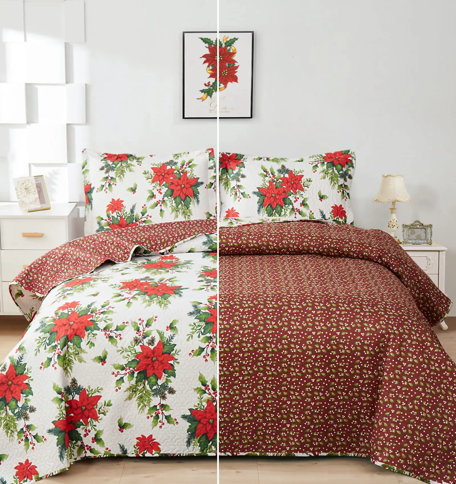 

Red Floral Quilt Set Flowers Quilts Poinsettia Printed Bedspread Bedding Set Reversible Lightweight Bedspreads Coverlet Holiday