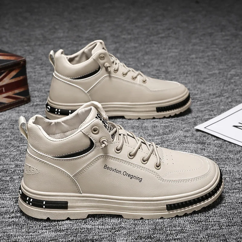 

Spring and Autumn Men Shoes New Casual Shoes High Top Leather Thick Sole Shoes Anti Slip Vulcanized Shoes Fashion Sneakers Men