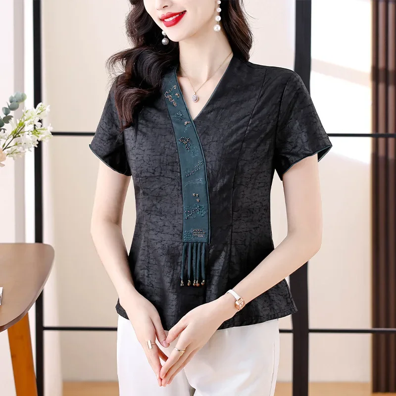 Лето 2024 новая рубашка для похудения в китайском стиле женский топ на пуговицах с