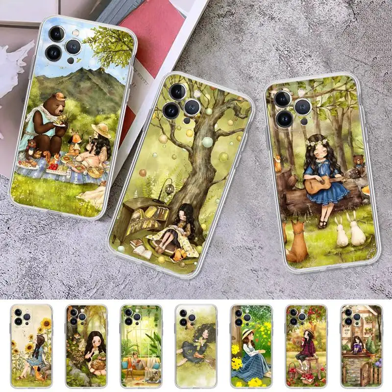 

Cartoon Scenery Girl Phone Case For iPhone 8 7 6 6S Plus X SE 2020 XR XS 14 11 12 13 Mini Pro Max Mobile Case