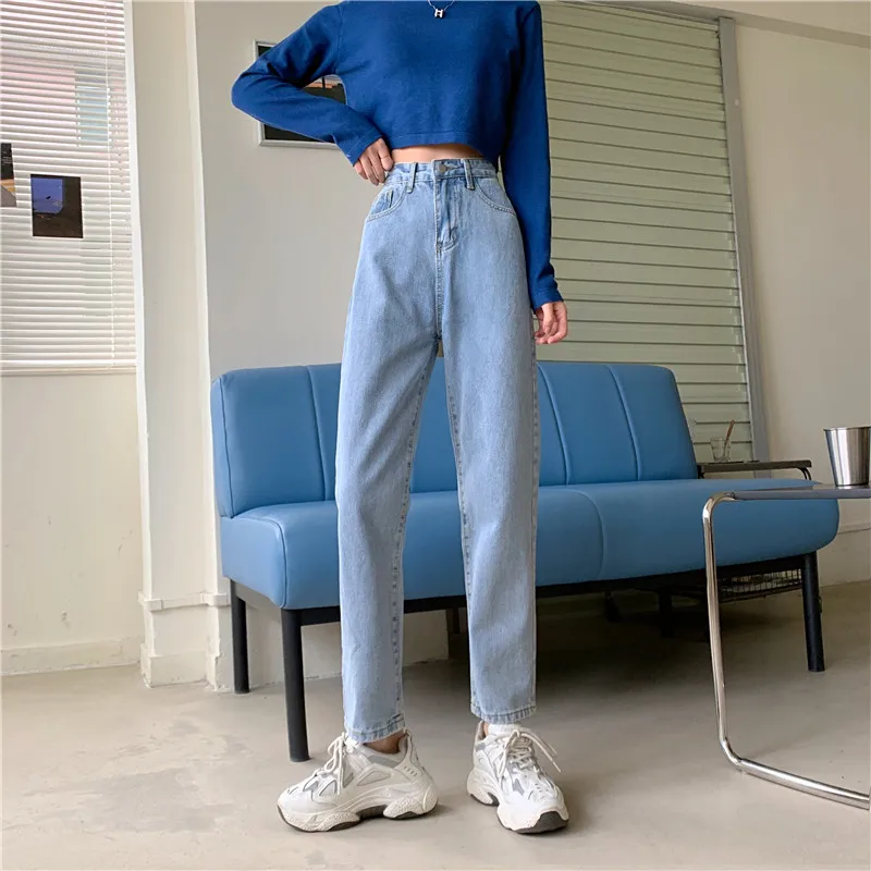Women Straight Leg Denim Pants 2021 High Waisted Jeans for Female Bottom Vintage Streetwear Fashion Clothes Blue Black Classic