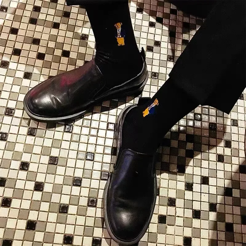 Cartoon Business Gentleman Bear Men's Socks Striped Love Cotton Harajuku Style Sport Boys Skateboard Novelty Breathable Gifts