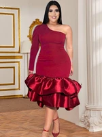 one shoulder dress summer plus size 4xl sexy bodycon burgundy ruffles patchwork outfits for ladies evening cocktail party gowns
